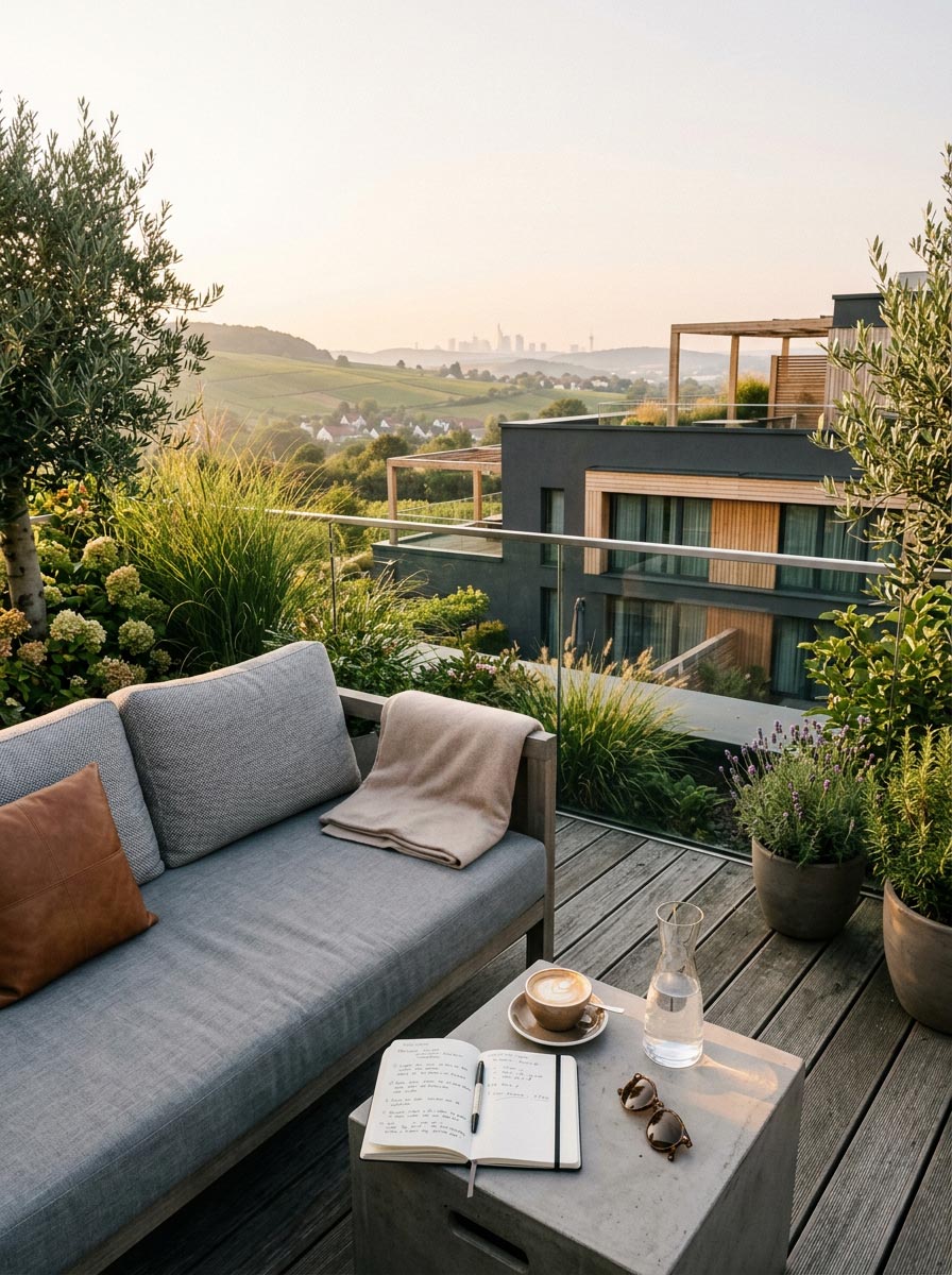 Moderne Boutique-Hotel Terrasse mit Blick auf Frankfurter Skyline