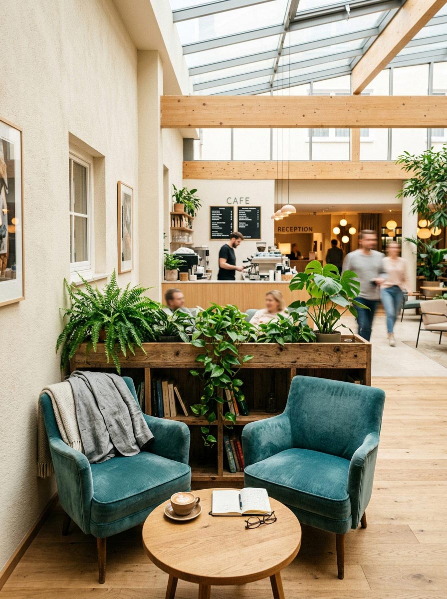Geschützte Gesprächsecke in einer lichtdurchfluteten Hotellobby