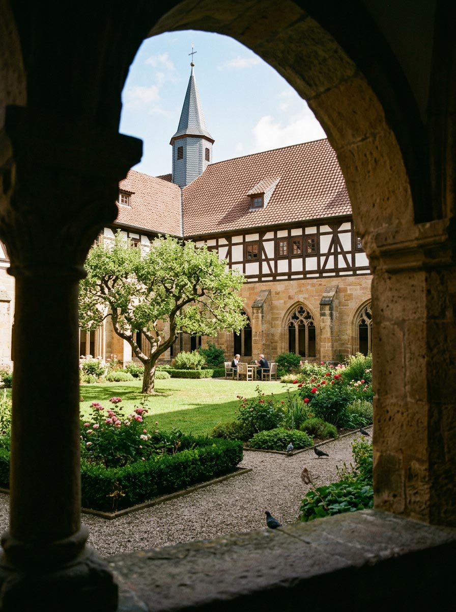 Klostergarten mit zwei Personen im Gespräch