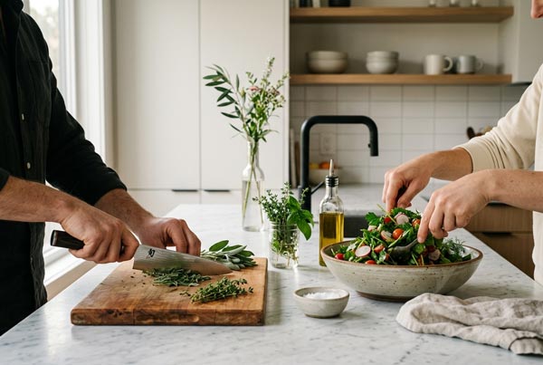 Bläsing Beratung Auszeit: Gemeinsam kochen in moderner Küche als Teil der Krisenbegleitung für Unternehmer