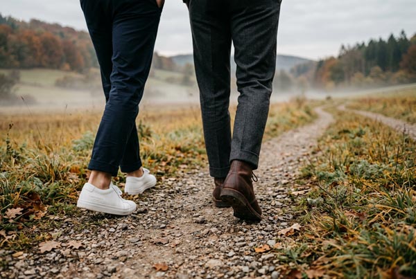 Bläsing Beratung Spaziergang: Zwei Personen beim Walking-Gespräch auf einem Feldweg in Hessen