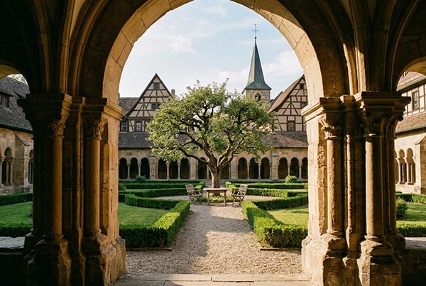 Bläsing Beratung Kloster-Retreat: Blick durch einen Steinbogen in den stillen Klostergarten, Ort für Besinnung und Neuausrichtung